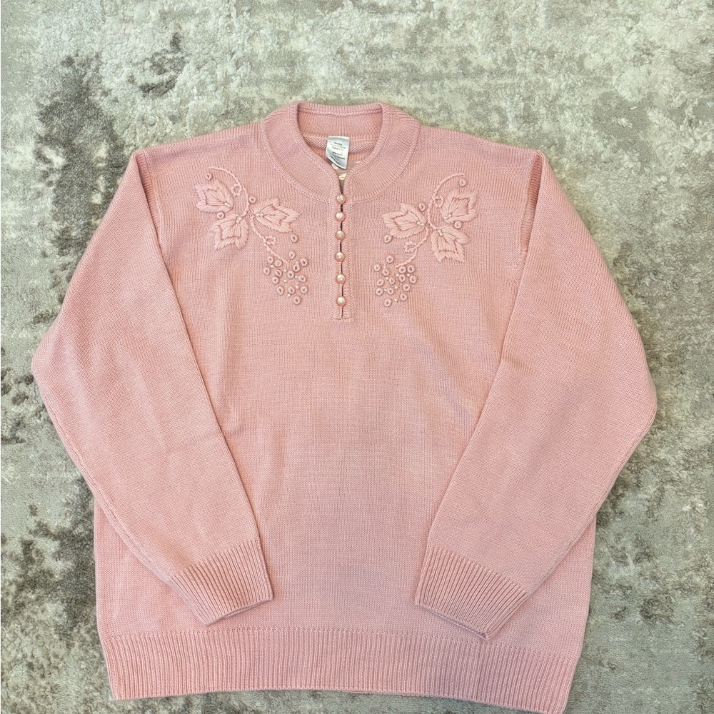 Vintage Pink Floral Embroidered 3/4 Buttons Women's Sweater